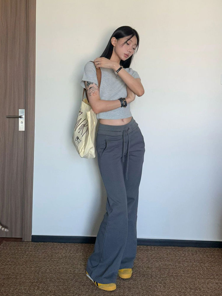 American vibe boot-cut pants for women in autumn new street hot girl high-waisted casual pants gray slimming yoga long pants