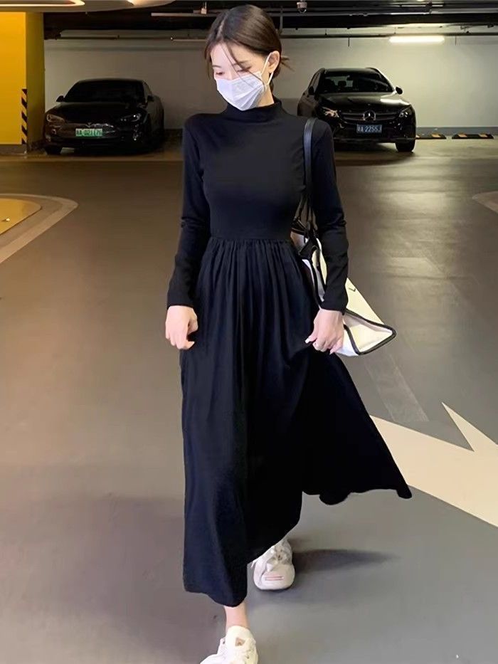 Hepburn style half-high collar long-sleeved dress women's new waist slimming mid-length style with A-line large hem skirt