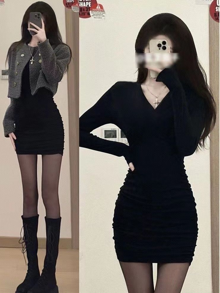 French pure desire knitted inner dress for women  autumn and winter new stepmother hip-covering skirt tight hot girl short skirt