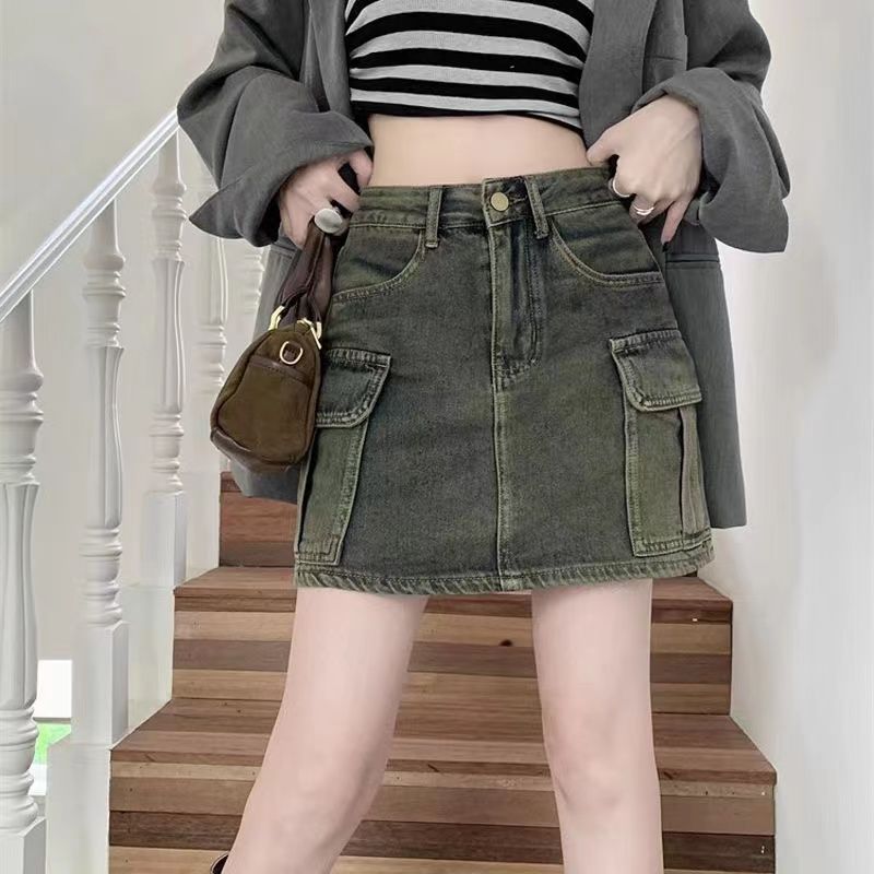 American retro washed high-waisted denim skirt for women spring new hot girl culottes skirt hip-covering short skirt ins