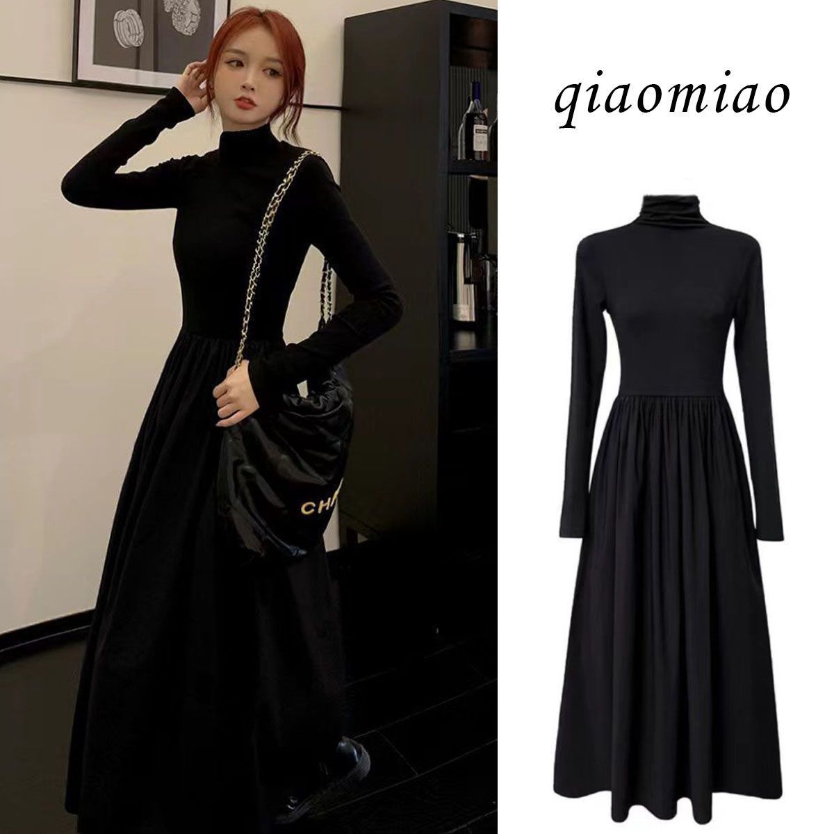 French high-waist slim dress for women  spring and autumn new Hepburn style skirt tea break French bottoming long skirt