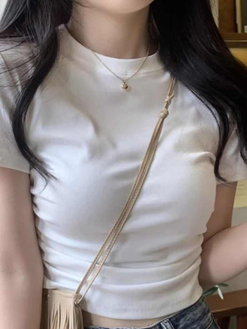 純棉褶皺白色短袖T恤女夏季新款修身設計感小眾短款辣妹正肩上衣