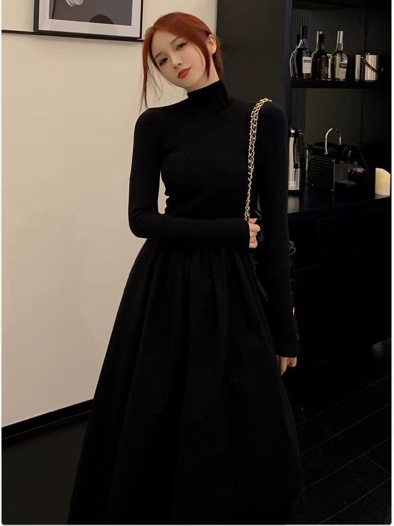 French high-waist slim dress for women  spring and autumn new Hepburn style skirt tea break French bottoming long skirt