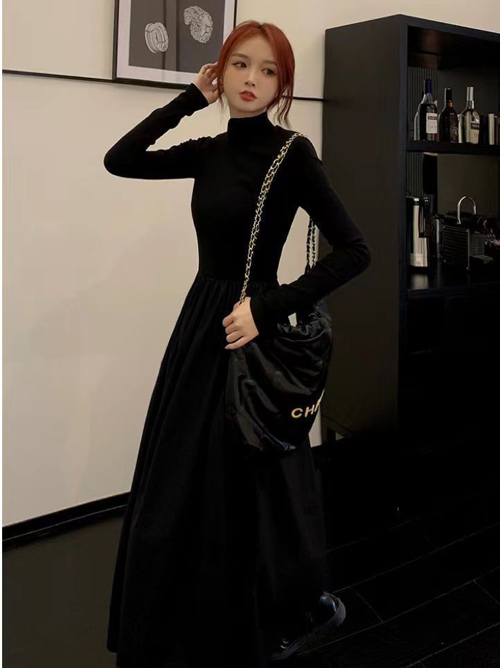 French high-waist slim dress for women  spring and autumn new Hepburn style skirt tea break French bottoming long skirt