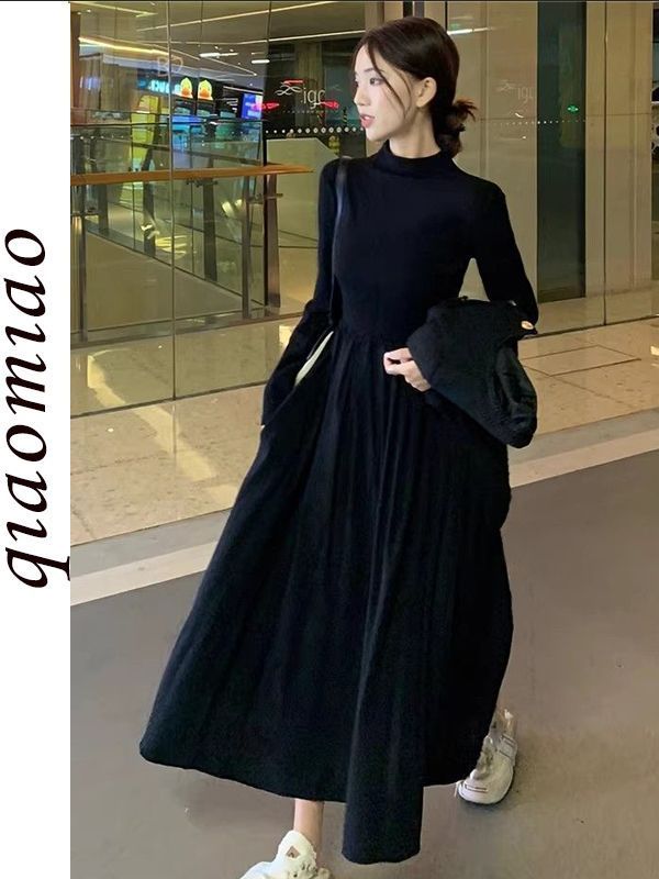 Hepburn style half-high collar long-sleeved dress women's new waist slimming mid-length style with A-line large hem skirt