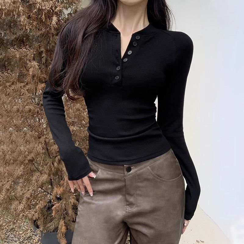 半開領紐扣圓領長袖內搭打底衫女早春港味復古辣妹T恤修身上衣潮