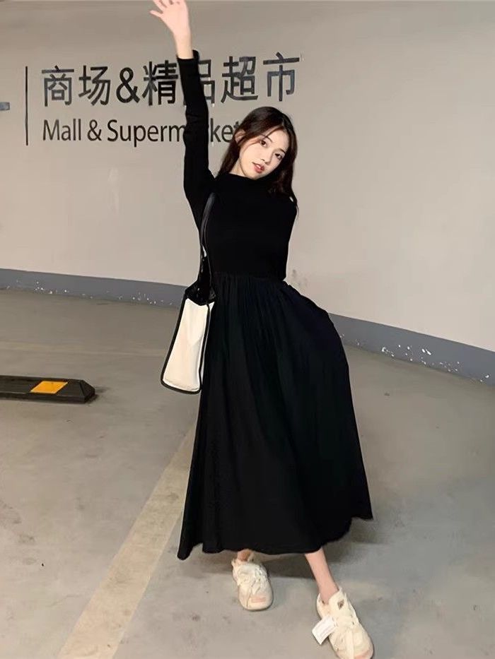 Hepburn style half-high collar long-sleeved dress women's new waist slimming mid-length style with A-line large hem skirt