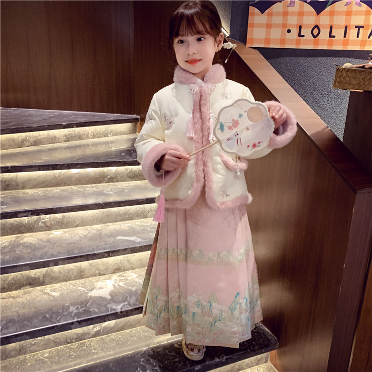 女童中国加绒汉服套装2023新款唐装冬季马面裙加厚儿童新年拜年服