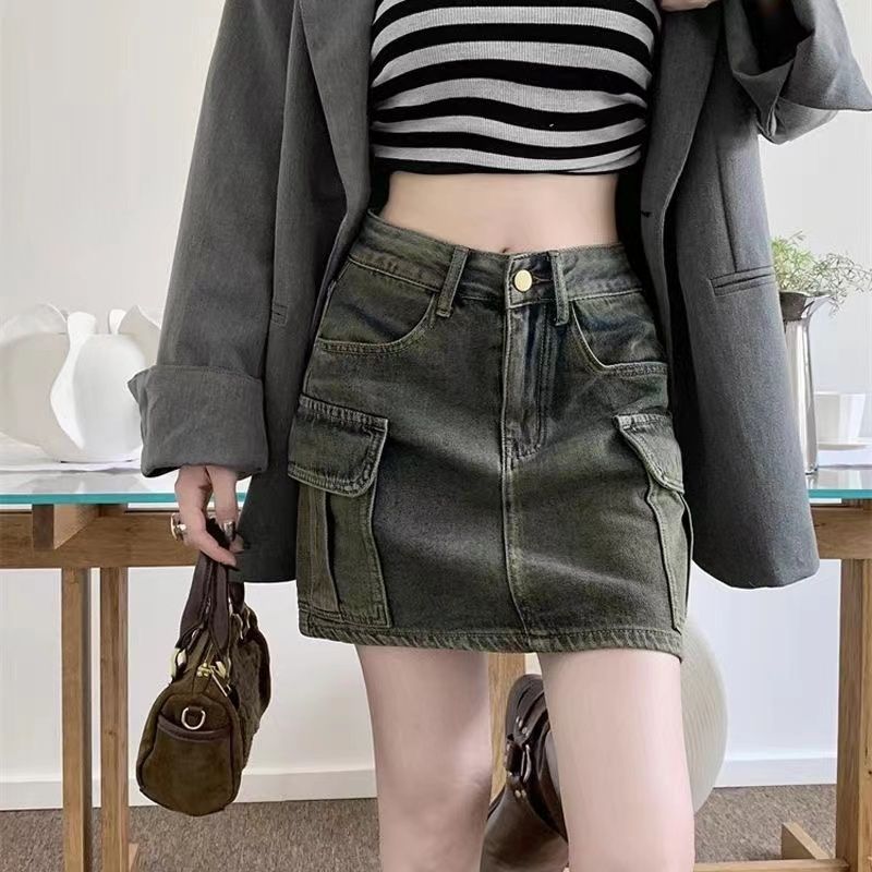 American retro washed high-waisted denim skirt for women spring new hot girl culottes skirt hip-covering short skirt ins