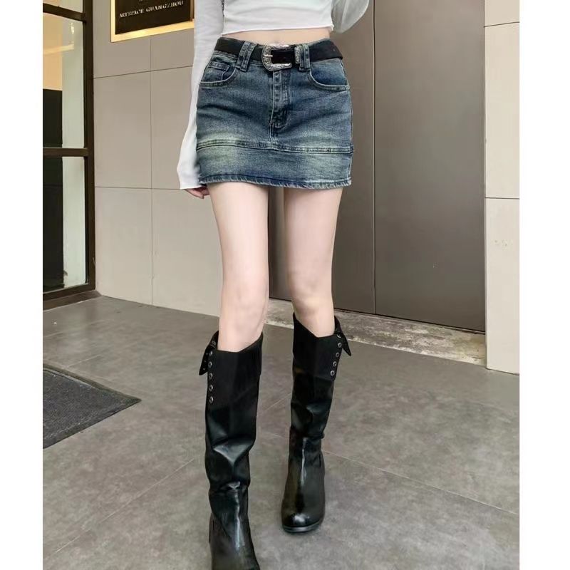 Retro distressed denim skirt for hot girls in spring, high waist hip skirt, anti-exposure culottes, short skirt for small people