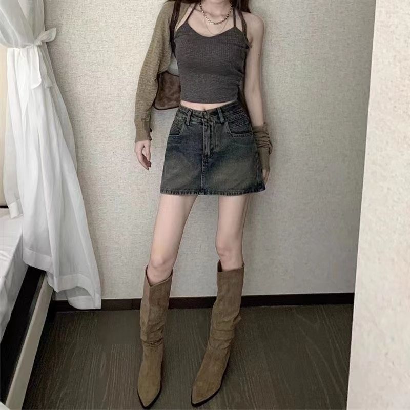 Retro distressed hottie anti-exposure denim skirt for women spring new high-waisted A-line skirt hip-covering short skirt culottes