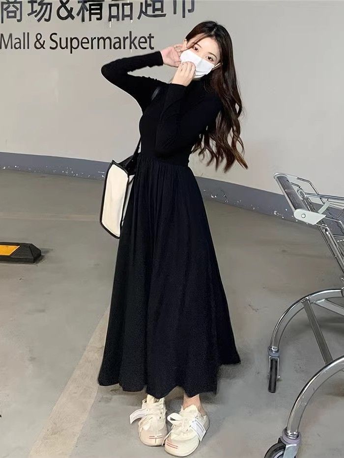 Hepburn style half-high collar long-sleeved dress women's new waist slimming mid-length style with A-line large hem skirt