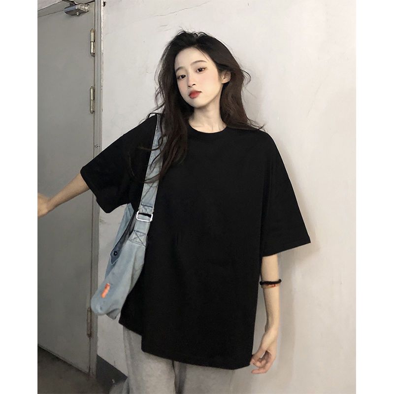 100%純棉純色簡約韓版短袖t恤女夏季寬鬆高級圓領潮流上衣服ins
