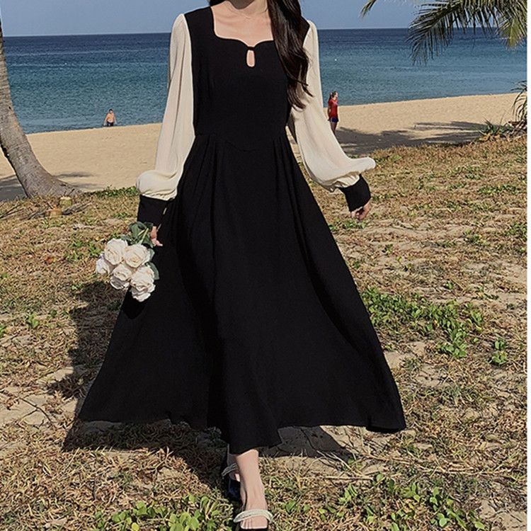 春秋新款韓版大碼顯瘦拼接假兩件連衣裙女赫本風長袖氣質黑色長裙