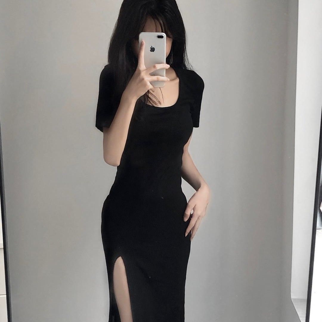 Retro dress for women  new summer temperament slim pure lust hot girl inner hip skirt slit long skirt for women