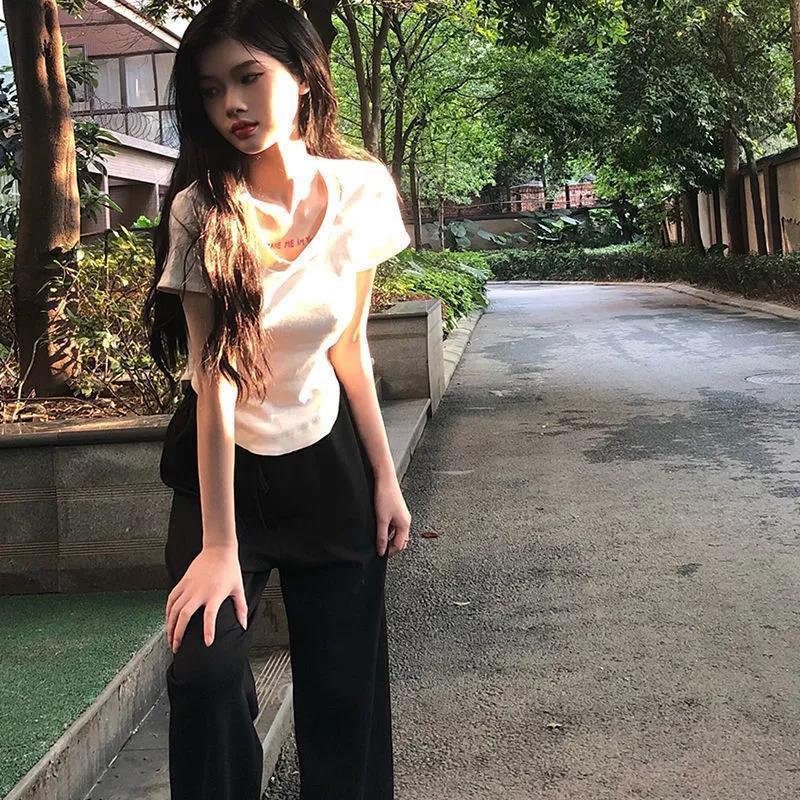 【純棉】短袖t恤女夏季新款性感辣妹小眾修身顯瘦U領短款上衣女潮