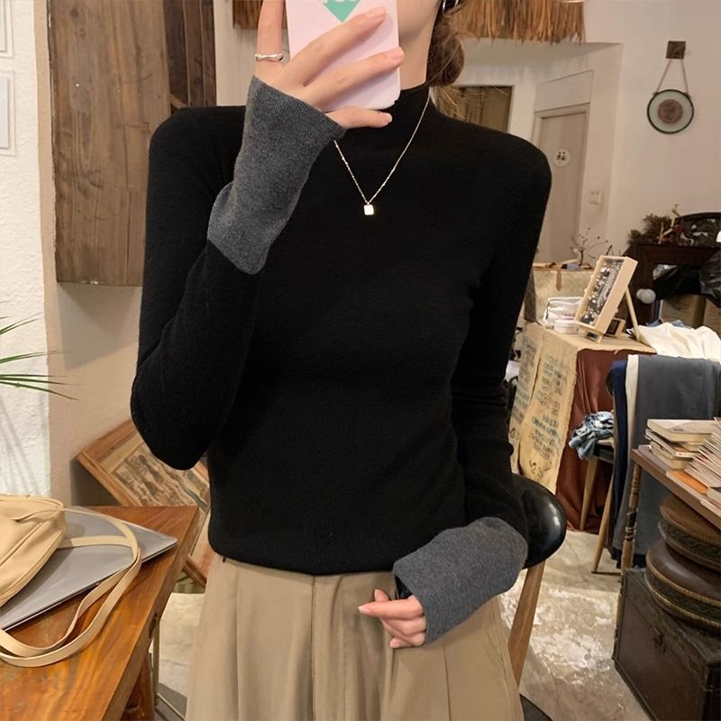 Contrast color half turtleneck knitted sweater for women 2024 autumn and winter high-end T-shirt, stylish inner top, black bottoming shirt