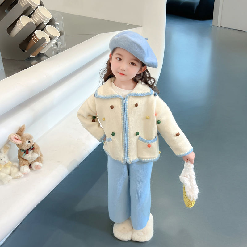 Girls spring clothing set 2024 new style children's clothing sweet and cute girls spring and autumn sweater two-piece set
