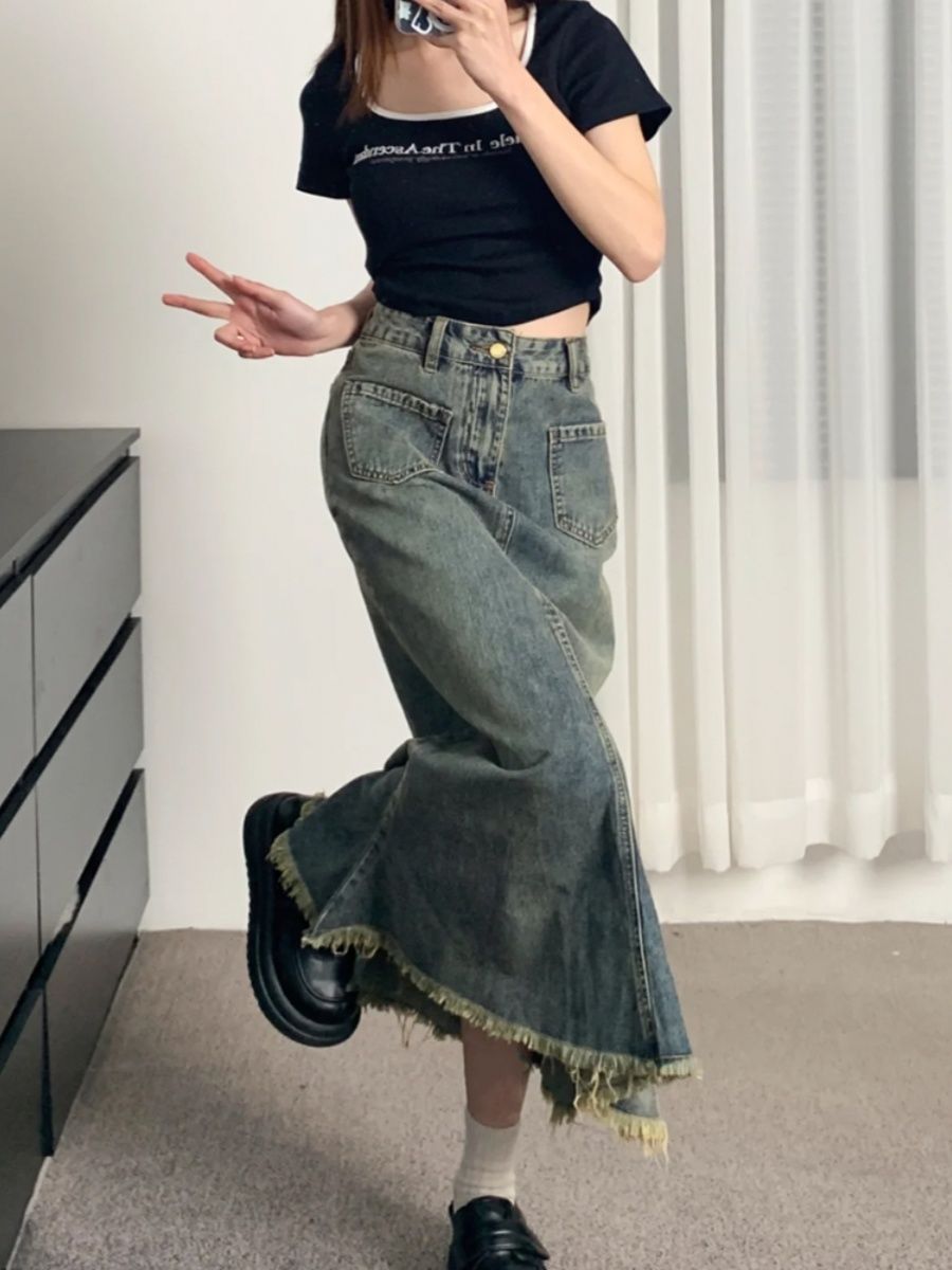 Large size fat mm retro denim skirt for women in spring and autumn, high waist, slim pear-shaped figure, mid-length a-line fishtail skirt