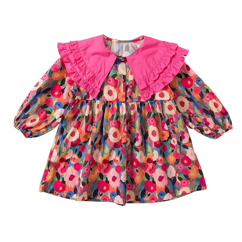 Girls Dress Spring and Autumn 2024 New Children's Style Spring Baby Girl Long Sleeve Floral Spring Princess Dress