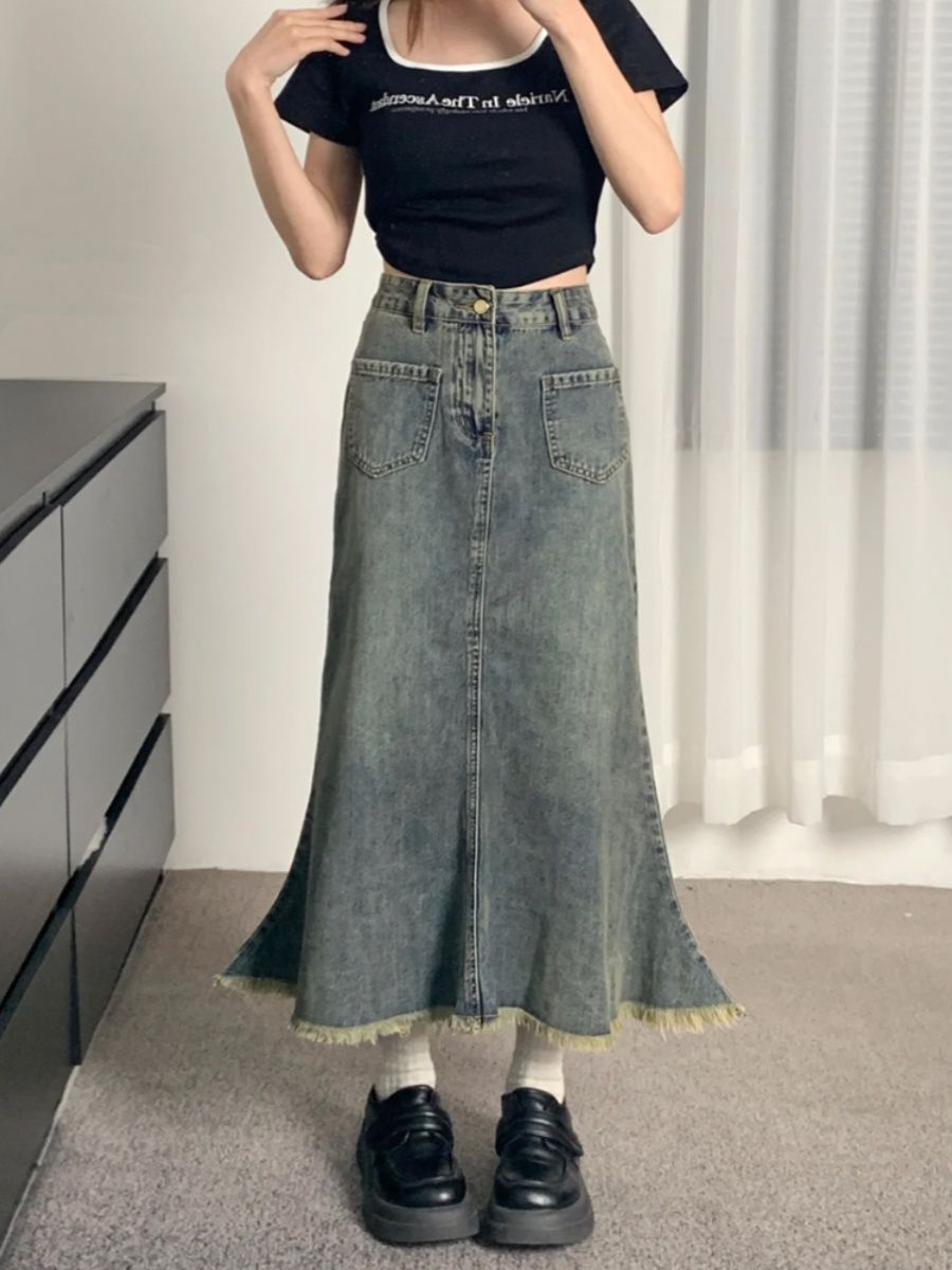 Large size fat mm retro denim skirt for women in spring and autumn, high waist, slim pear-shaped figure, mid-length a-line fishtail skirt