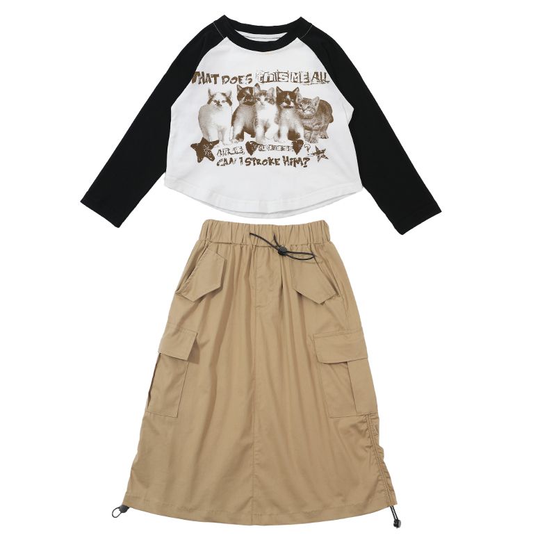 Girls drawstring workwear skirt suit 2024 spring and autumn new style children's baby fashionable long-sleeved T-shirt two-piece set