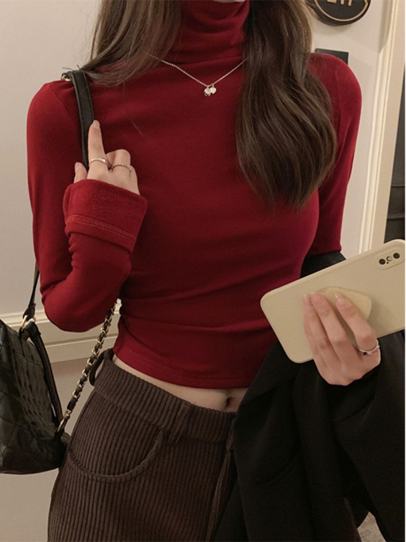 跨年氛圍感紅色本命年純欲修身打底衫t恤女磨毛內搭秋冬高領上衣