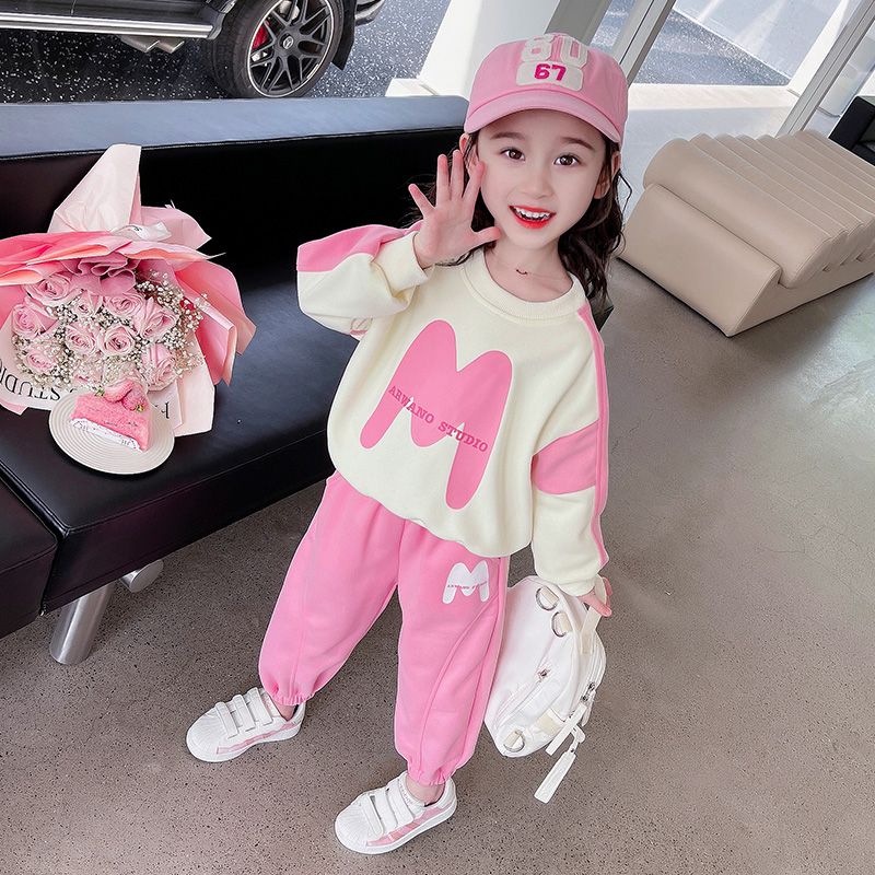 Girls spring and autumn 2024 new style fashionable little girls cute fashionable casual m color matching sweatshirt suit