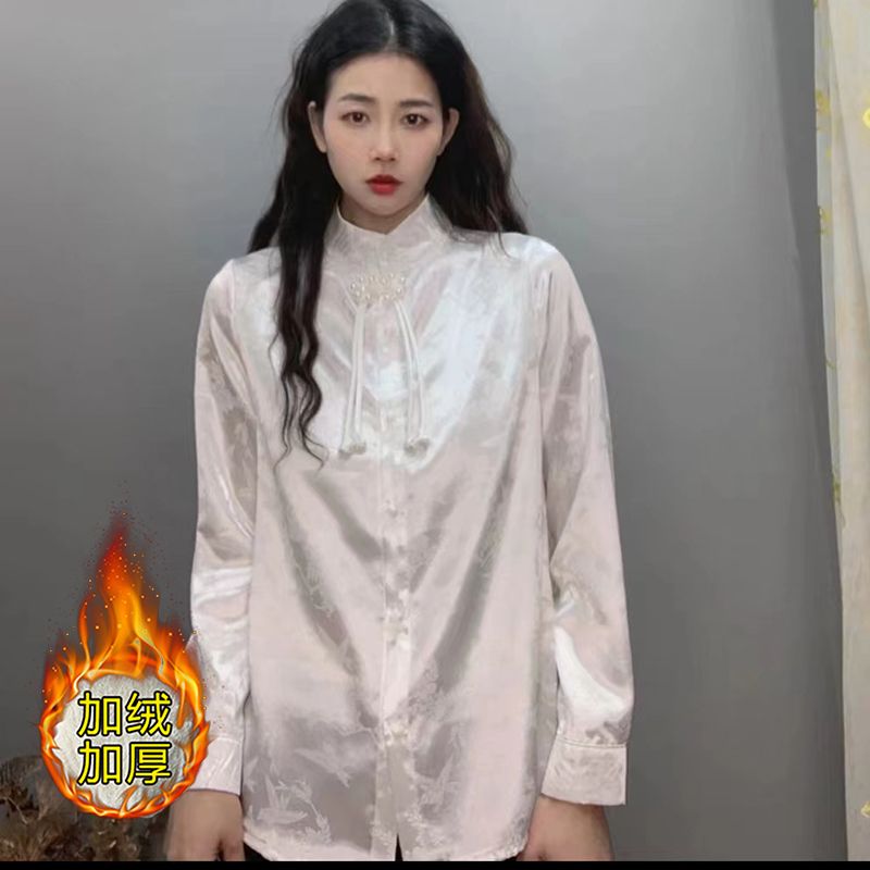 中式國風加絨襯衫長袖繡花新款立領刺繡盤扣提花上衣復古設計襯衣