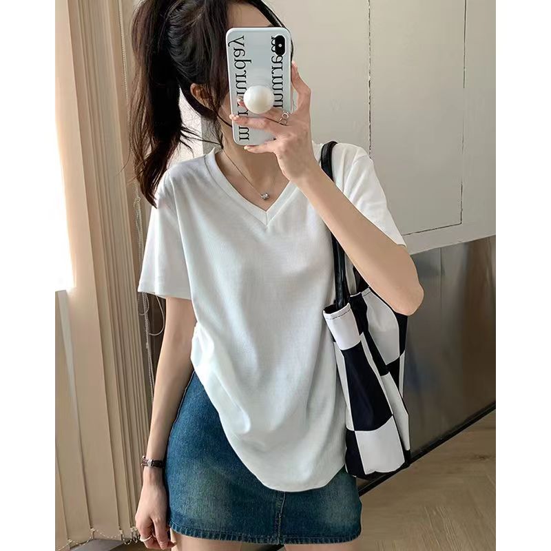 100%純棉純色T恤女短袖寬鬆V領2024年新款女裝夏裝小眾顯瘦上衣