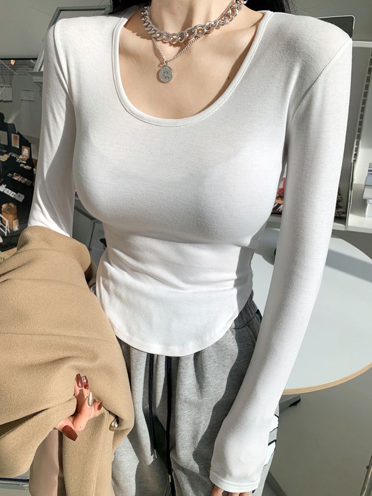 純欲風緊身顯胸大U領上衣女2024春夏季修身弧形下擺長袖T恤打底衫