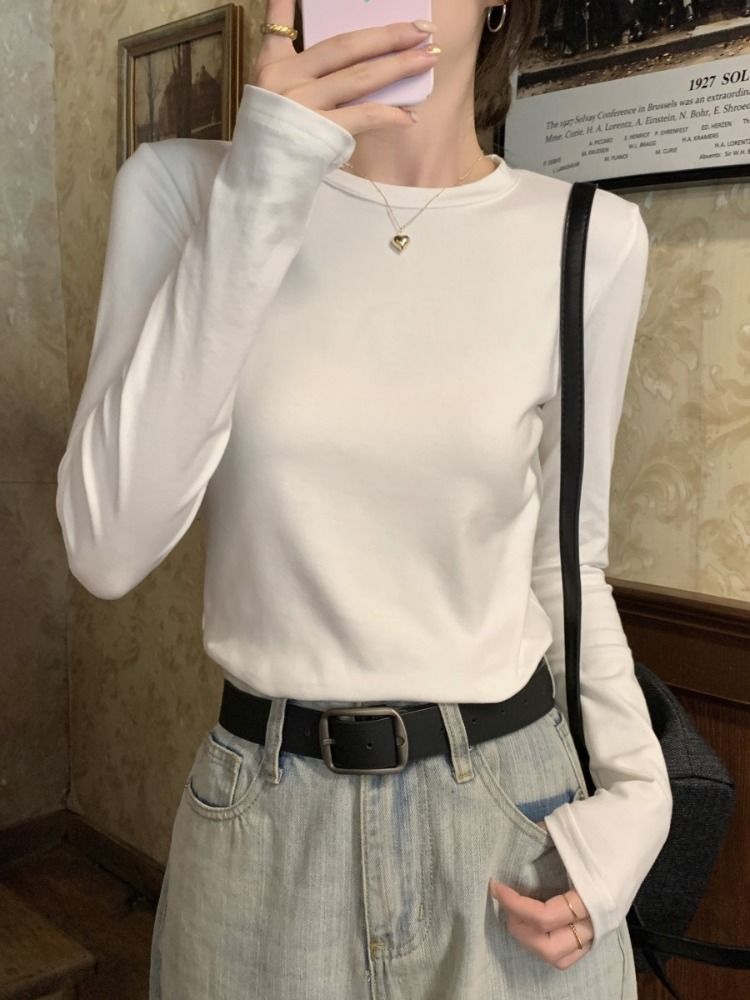 加絨長袖T恤女秋冬內搭白色打底衫韓版慵懶風寬鬆百搭中長款上衣