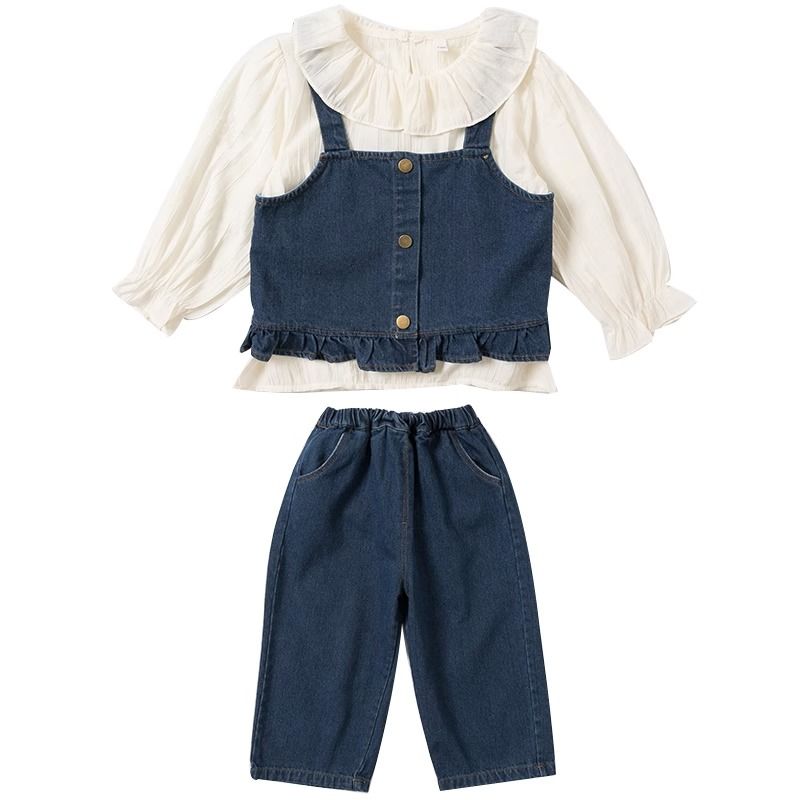 Girls' Autumn Denim Suit 2023 New Style Early Autumn Korean Version Children's Wear Vest Jeans Three-piece Trendy Set