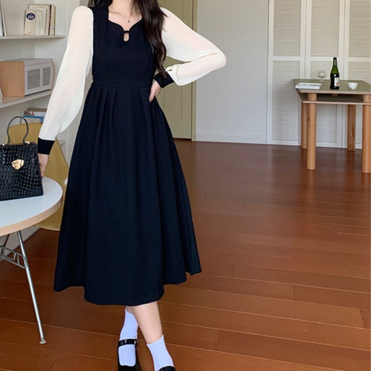 女神范氣質赫本拼接撞色連衣裙女大碼新款春秋洋氣配大衣別致長裙