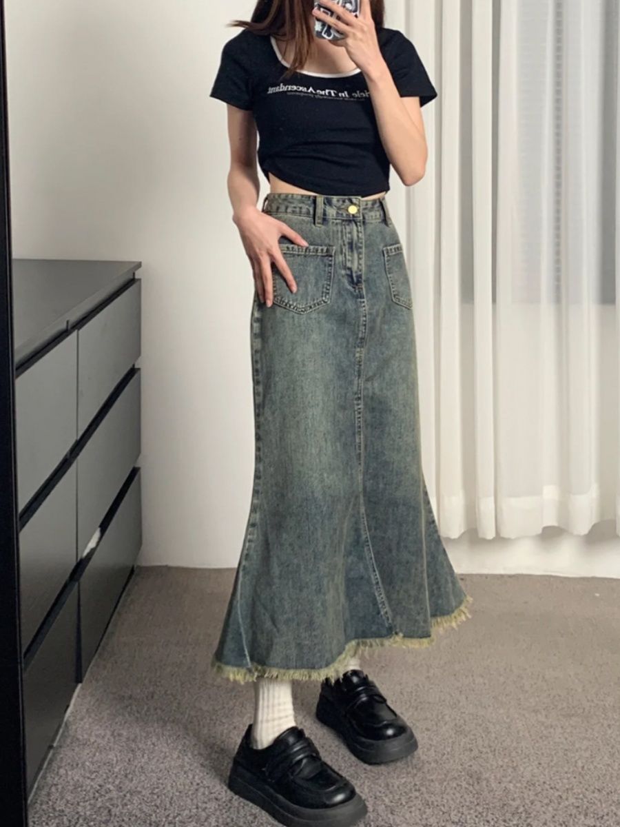 Large size fat mm retro denim skirt for women in spring and autumn, high waist, slim pear-shaped figure, mid-length a-line fishtail skirt