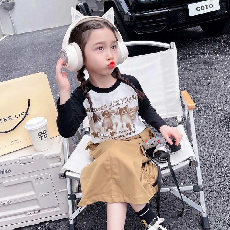 Girls drawstring workwear skirt suit 2024 spring and autumn new style children's baby fashionable long-sleeved T-shirt two-piece set