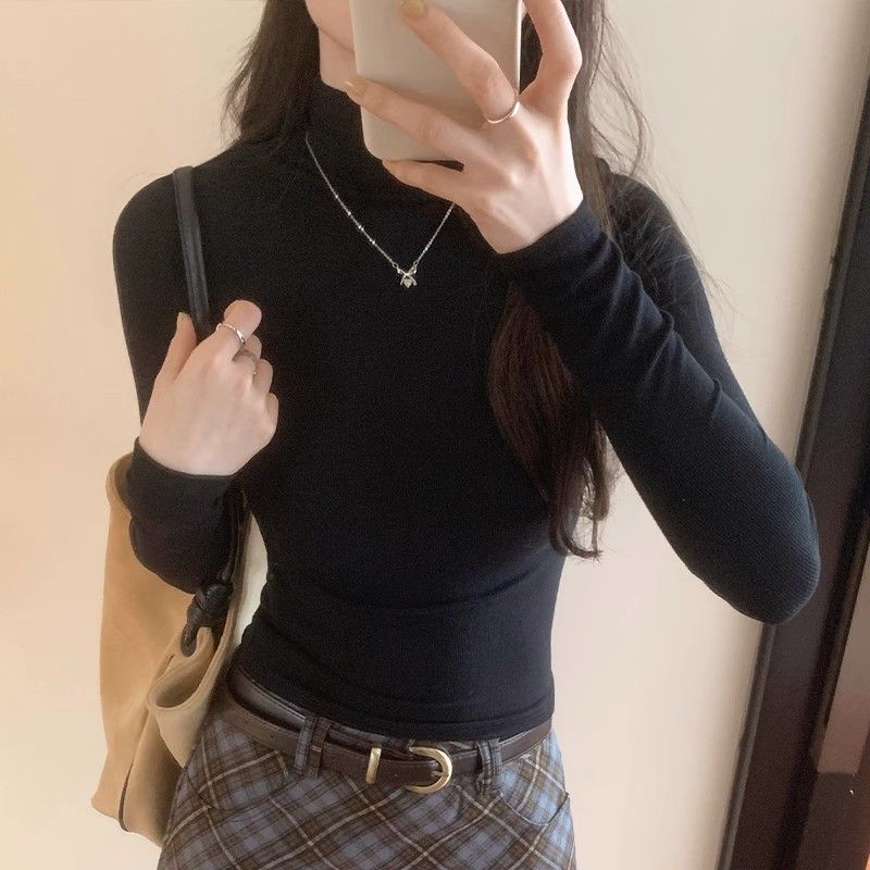 正肩高領修身顯瘦長袖打底上衣女春秋冬新款內搭純色德絨保暖T恤