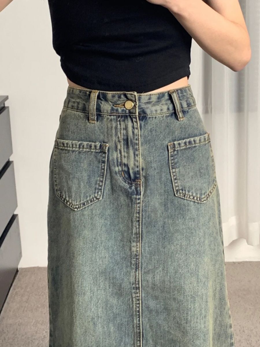 Large size fat mm retro denim skirt for women in spring and autumn, high waist, slim pear-shaped figure, mid-length a-line fishtail skirt