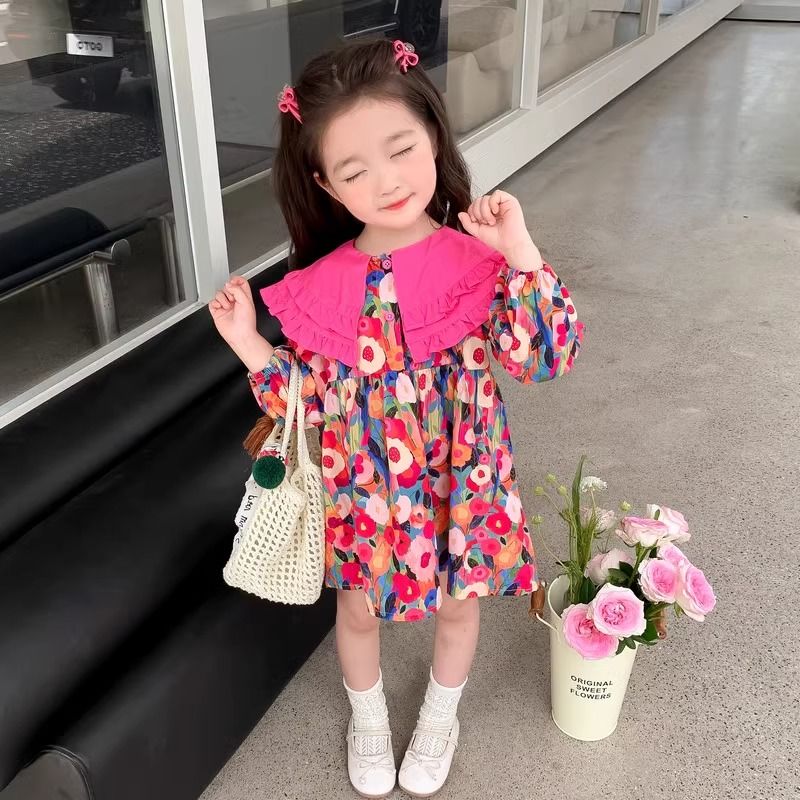 Girls Dress Spring and Autumn 2024 New Children's Style Spring Baby Girl Long Sleeve Floral Spring Princess Dress