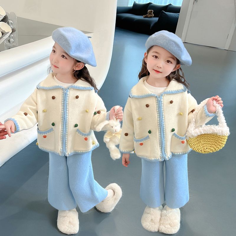 Girls spring clothing set 2024 new style children's clothing sweet and cute girls spring and autumn sweater two-piece set