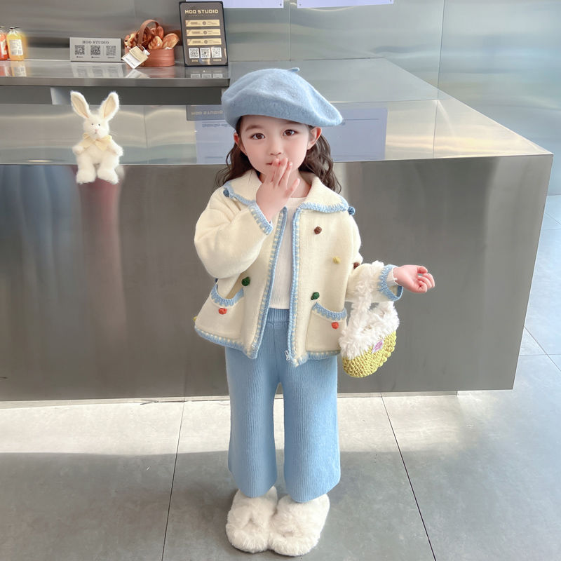 Girls spring clothing set 2024 new style children's clothing sweet and cute girls spring and autumn sweater two-piece set