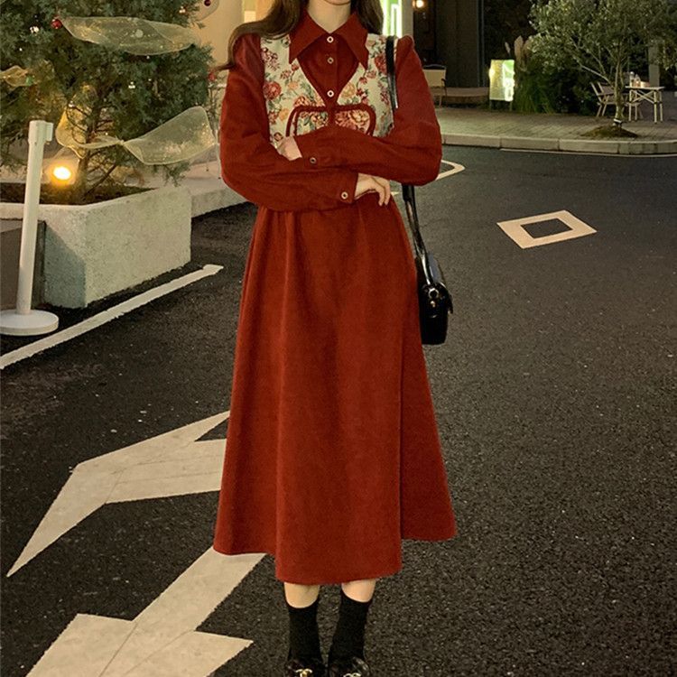 大碼復古國風馬甲設計感假兩件連衣裙女秋季收腰顯瘦a字裙胖mm裙