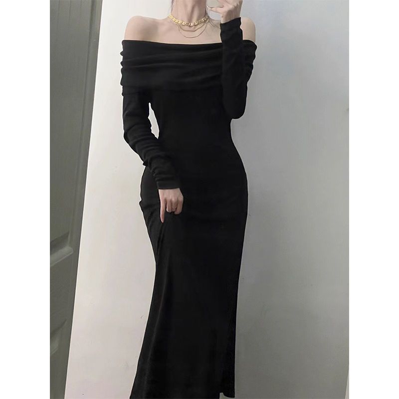 One-shoulder temperament long-sleeved dress for women 2023 new autumn and winter fashionable slim fit with French long skirt for women