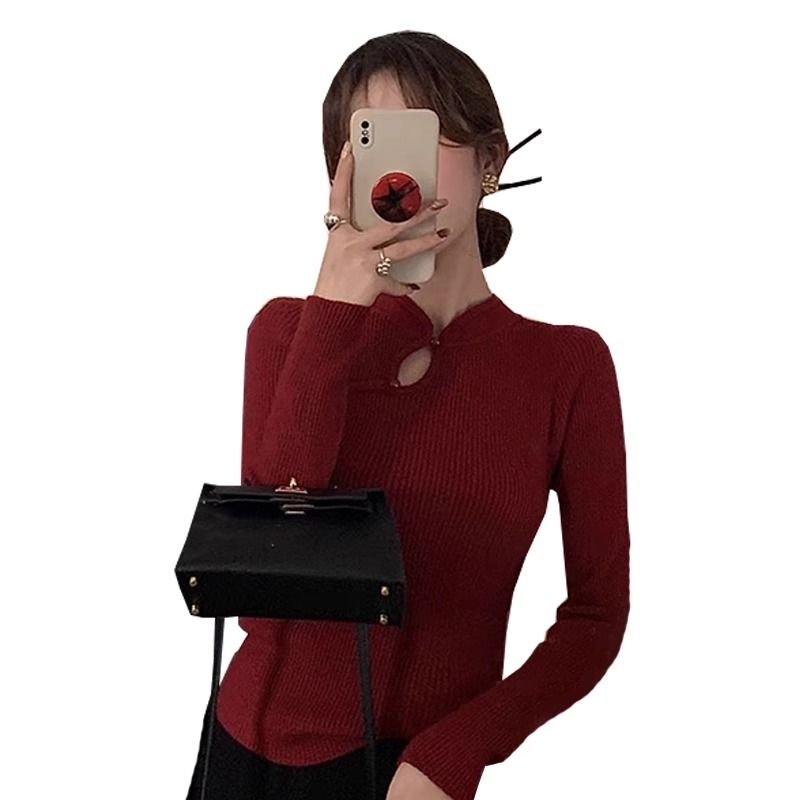 New Chinese style national style new year red sweater for women autumn and winter 2024 new high-end inner layering sweater knitted top