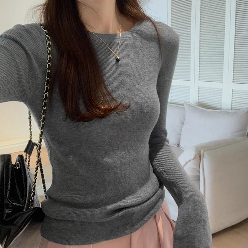 Pullover gray knitted sweater for women Zhao Lusi same style bottoming shirt 2024 autumn and winter threaded foreign style inner top trendy