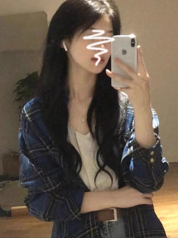 韓版復古格子長袖襯衫女春秋季慵懶風小眾設計感寬鬆休閒外套上衣
