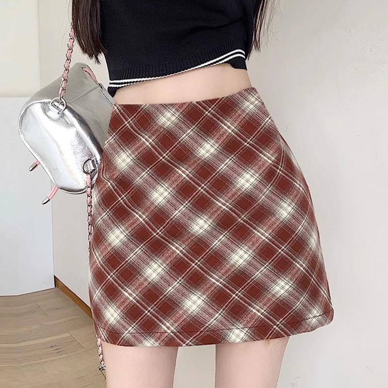 Plaid A-line skirt for small people, anti-exposure, casual, tight-fitting, slimming, covering one-step skirt, sexy pure lust style straight skirt