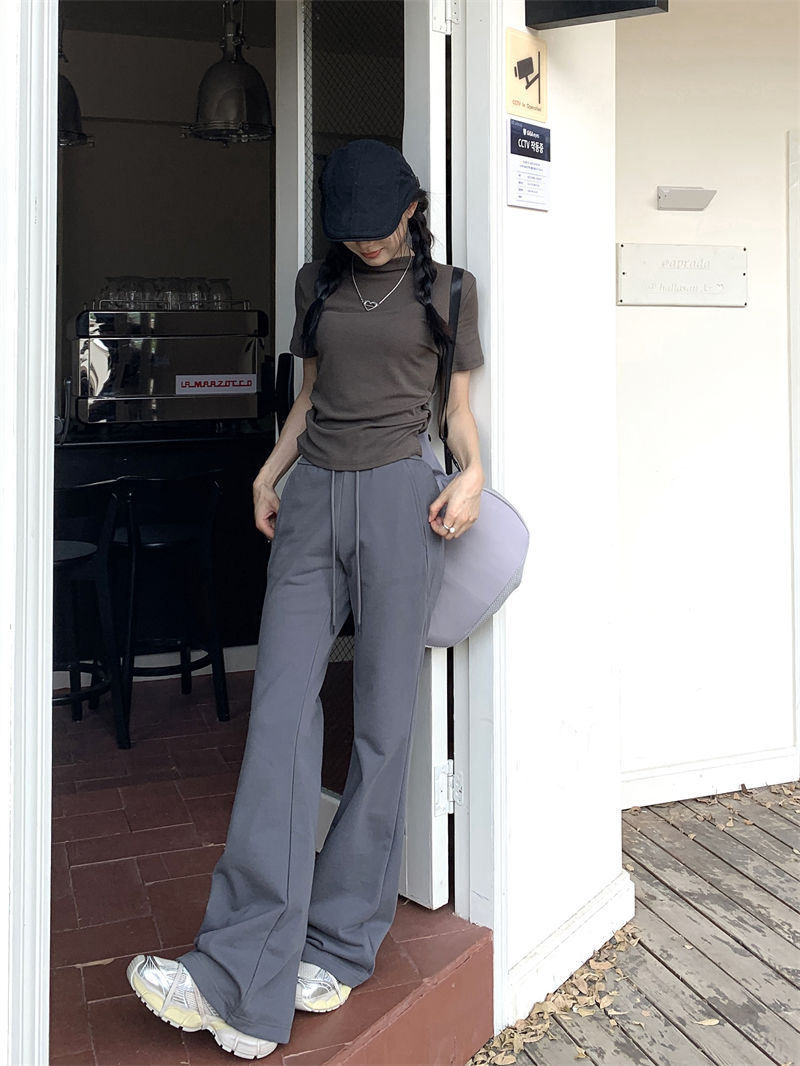 Sports drawstring gray micro-flare yoga high-waisted casual pants for women spring 2024 new style simple temperament versatile pants