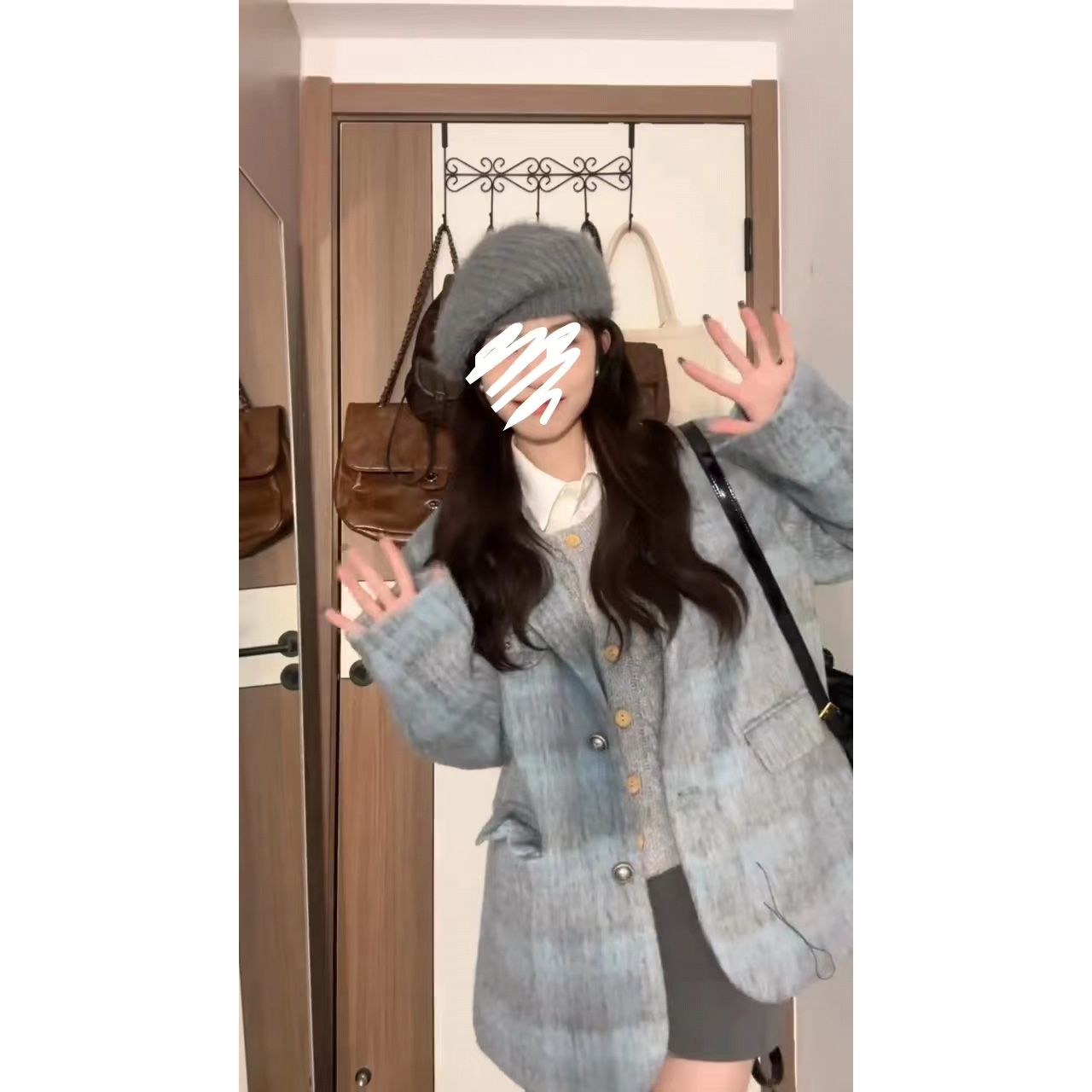High-end Korean-style street-style long woolen plaid suit jacket for women in spring and autumn new style retro loose and versatile top trendy