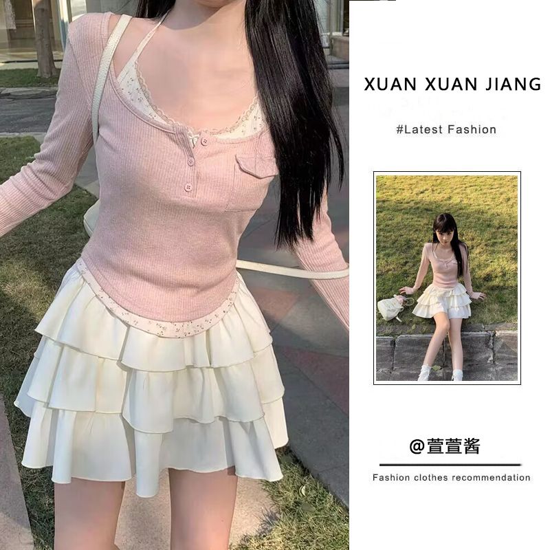 套裝女2024春季新款甜辣風洋氣假兩件長袖上衣高腰顯瘦蛋糕半身裙
